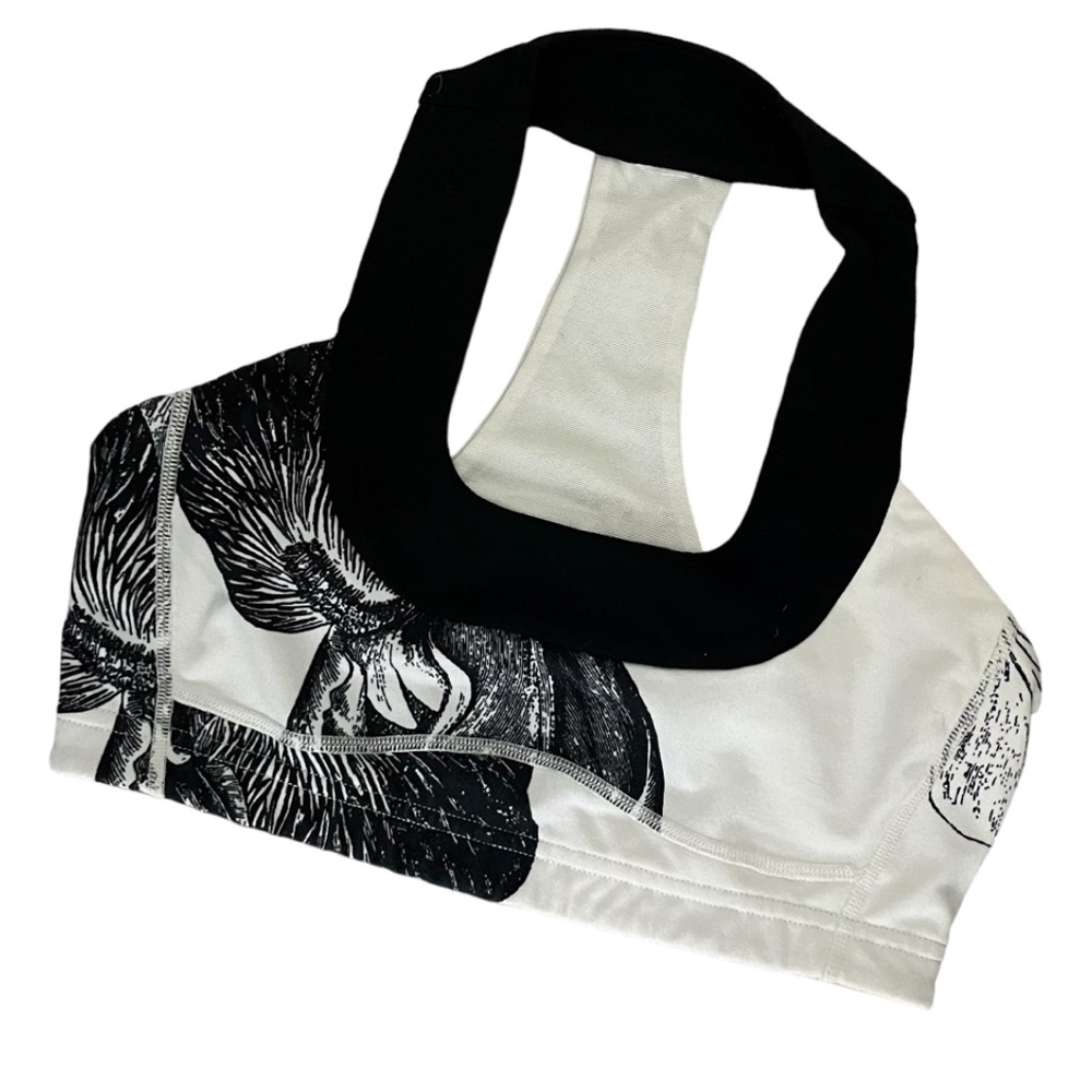 Lululemon Y2K scoopneck bra, black-and-white lithograph, iris, print